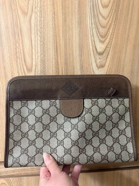 Auth Vintage Gucci Monogram GG Supreme Canvas Leather Clutch Wristlet Bag Hinge